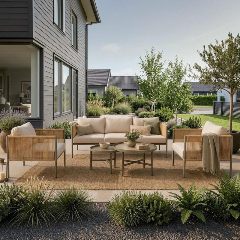 Sintra sofagruppe 3+1+1 med 2 bord - aluminium & beige puter