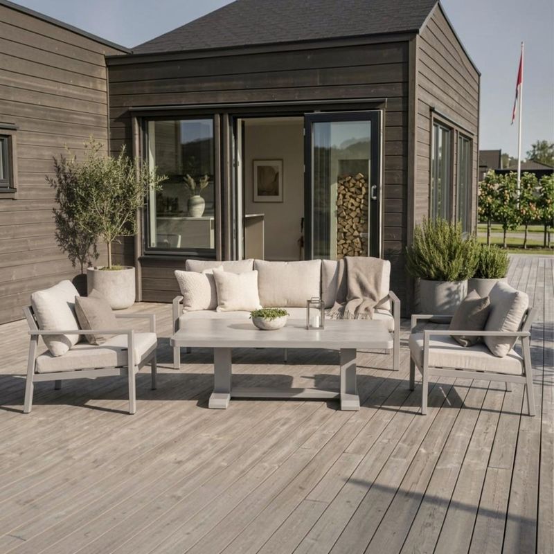 Hydra loungegruppe 3+1+1 med hev-/senkbord - champagne aluminium med beige puter