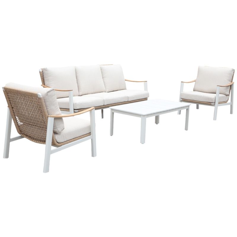 Naxos sofagruppe 3+1+1 med bord – hvit/natur ramme og beige puter