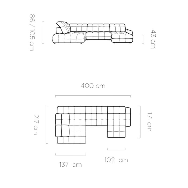 Tollo XL hjørnesofa 400x217 med elektrisk setedybde
